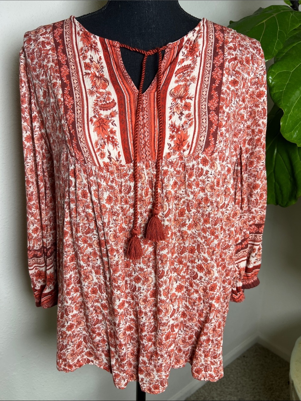 Garnet Hill Women’s 100% Viscose Peasant Pullover 3/4 Sleeves Tassel-Tie Top